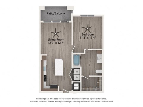 Floor plan for 1 bed, 1 bath, 730 sqft